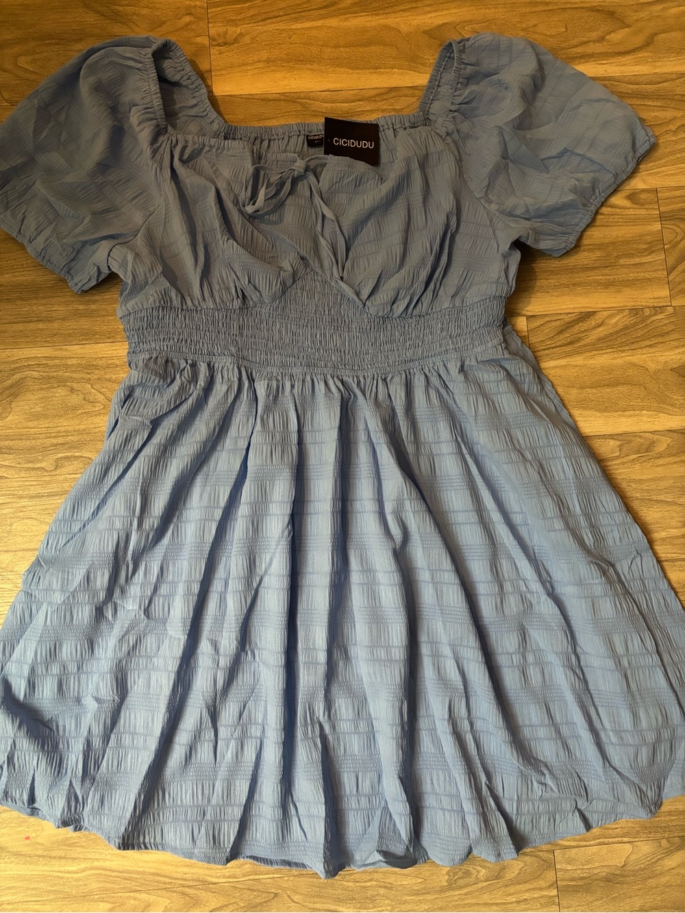 Blue Puff-Sleeve Smocked Waist Dress - Picture 3 of 4